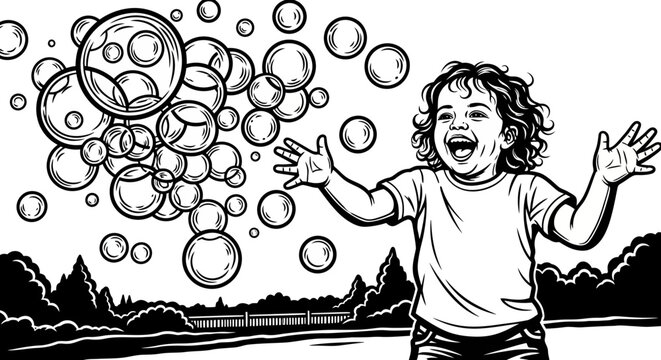 Child Playing with Soap Bubbles.