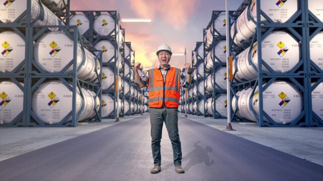 Full Body Of Asian Male Engineer With Safety Helmet Screaming Goal Celebrating Working at Industrial Chemical Tank Container Storage Facility