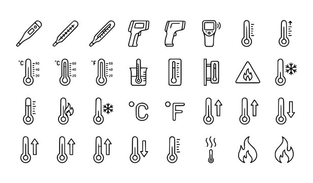 Thermometer and Temperature Measurement Thin Line Icon Set Vector EPS 10
