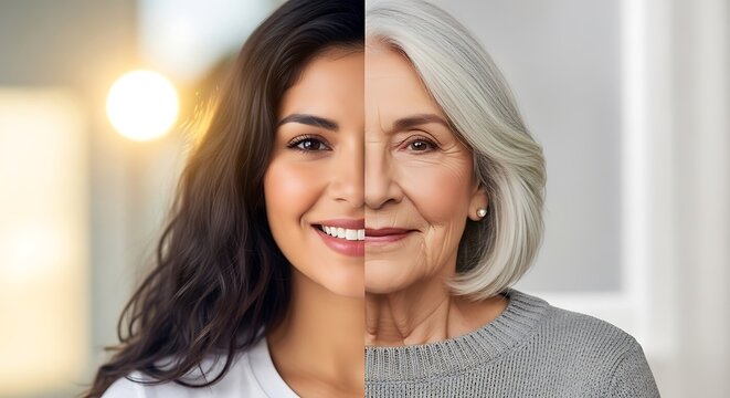 Composite portrait displays a comparison of a youthful woman beside her older self