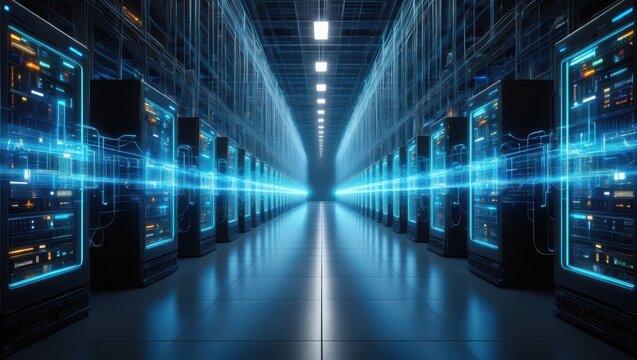 Futuristic high-tech data center with glowing blue energy beams and towering server racks in a sleek, illuminated corridor