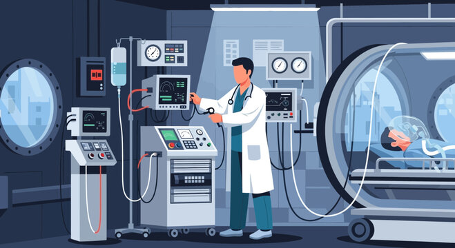 Doctor supervising patient in hyperbaric chamber with advanced medical equipment