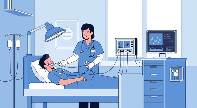 Nurse monitors patient in hospital bed with ventilator and ECG machine