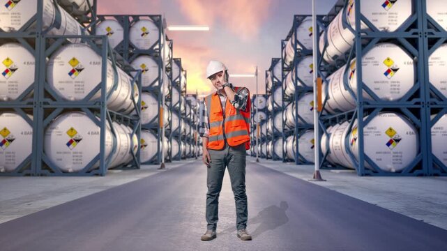 Full Body Of Asian Male Engineer With Safety Helmet Showing Ok Hand Sign Over Eye And Smiling To Camera While Standing at Industrial Chemical Tank Container Storage Facility