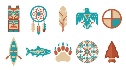 Fototapeta premium Flat vector icon set featuring traditional indigenous and Native American cultural symbols, tribal art, and heritage elements, ideal for creative design projects