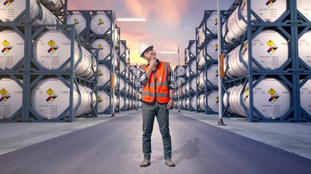 Full Body Of Asian Male Engineer With Safety Helmet Thinking And Looking Around Then Raising His Index Finger While Standing at Industrial Chemical Tank Container Storage Facility