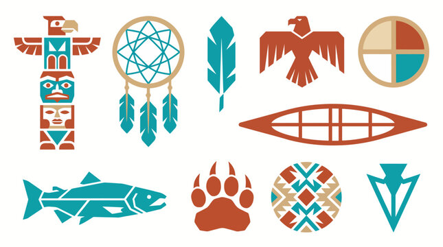Collection of flat vector icons featuring indigenous cultural symbols and elements, including totem, dreamcatcher, eagle, canoe, and bear paw, representing tribal heritage and nature