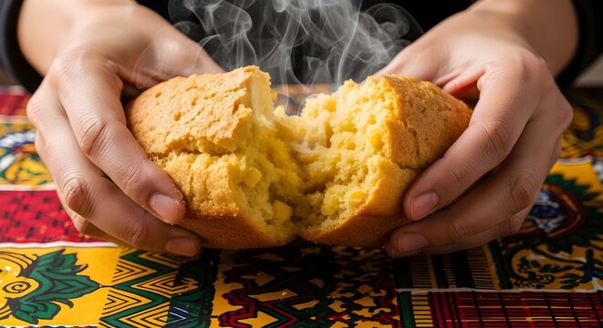 Freshly Baked Steaming Cornbread Held by Hands Celebrating Juneteenth
