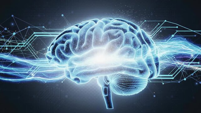 Glowing digital human brain with neural connections and futuristic technology background