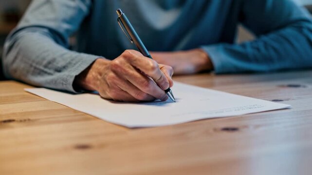 Close up of person writing on paper with pen on wooden table in casual setting