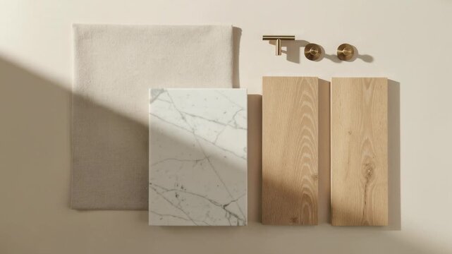 Neutral natural material textures with marble wood brass fabric sample for interior design inspiration