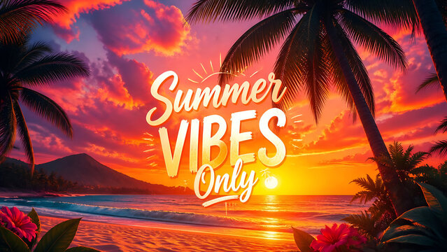 summer holiday background, Inspirational Summer Vibes Only quote on sunset beach background, tropical ocean landscape with motivational text, peaceful summer evening sea