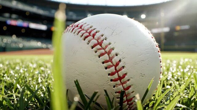 Low angle of a baseball lying on the green grass of a baseball field with a stadium in the background