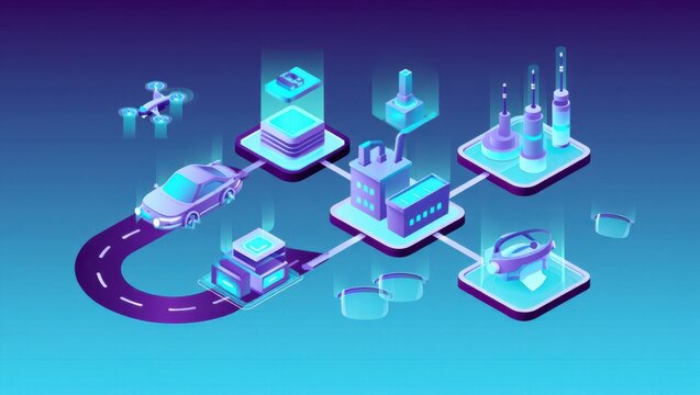 Futuristic smart city infrastructure network with connected vehicles, drones, and smart buildings illustrated in vibrant isometric style