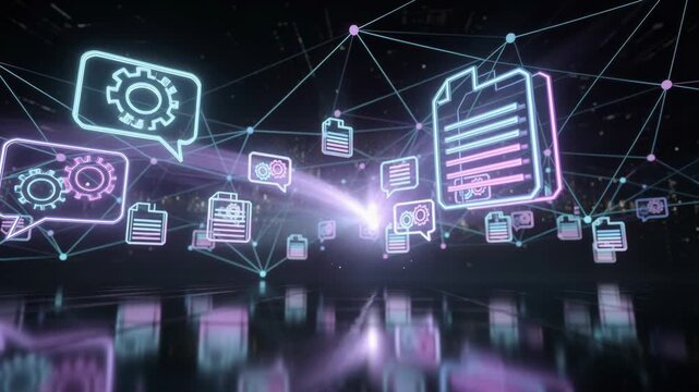 Futuristic digital network with glowing file and gear icons connected by data lines in a dark technology space