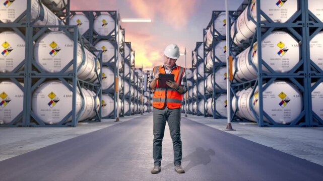 Full Body Of Asian Male Engineer With Safety Helmet Taking Note On The Tablet And Looking Around While Standing at Industrial Chemical Tank Container Storage Facility