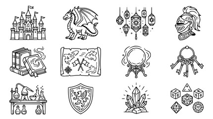 Obraz premium Fantasy Icons: Castle, Dragon, Map, Crystal Ball, Knight Helmet, Old Books, Keys, Alchemy