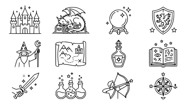 Fantasy Icons: Castle, Dragon, Wizard, Map, Potion, Sword, Spellbook, Compass