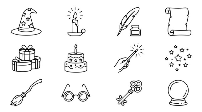Magic and Fantasy Icons Set: Wizard Hat, Wand, Broomstick, Crystal Ball, Gifts, Cake