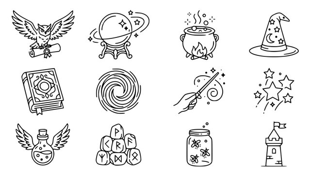 Magic and Fantasy Icons: Wizardry, Alchemy, Astrology, and Enchantment Symbols