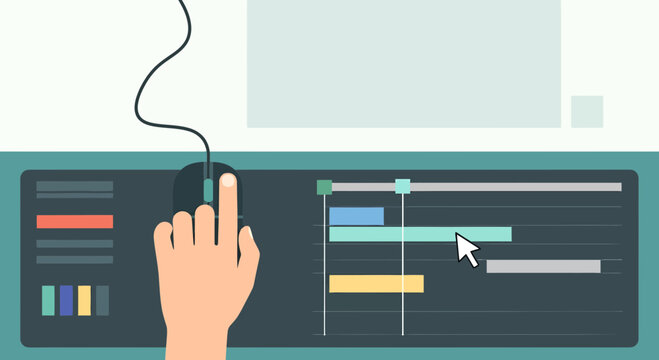 Hand using computer mouse on timeline editing software, video production concept