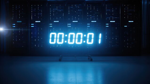 Futuristic digital countdown timer glowing in a high-tech control room with neon blue lighting and intricate panel background
