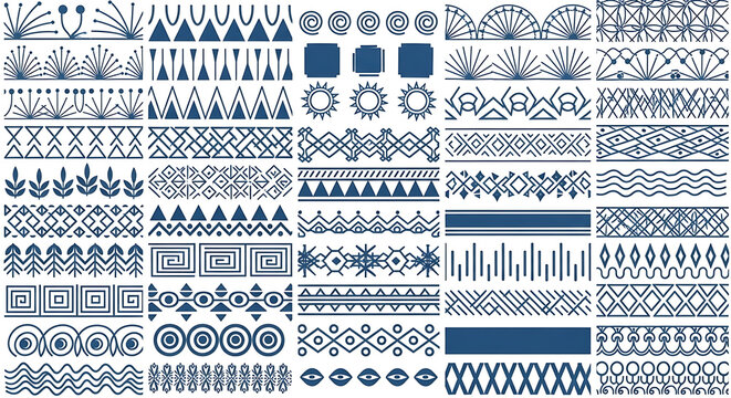 Set of various hand-drawn tribal geometric ethnic patterns and borders with geometric ornamental decorative monochrome traditional abstract illustration