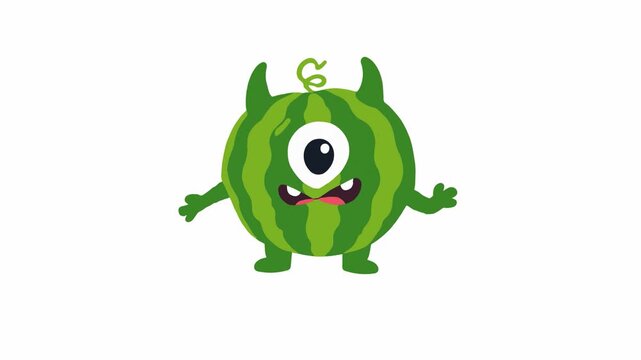 Cute watermelon monster character waving arms and smiling
