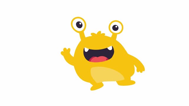 Friendly yellow monster character waving and walking animation