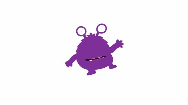 Cute purple monster waving and smiling on white background