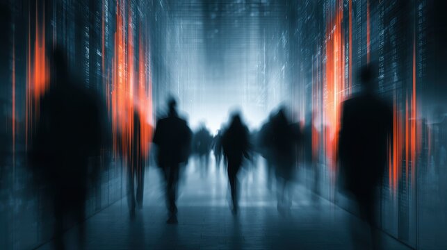 Wide-angle shot of a group of blurred business people walking through a transparent hallway that projects vertical columns of real-time global stock and connectivity data. Dynamic and modern