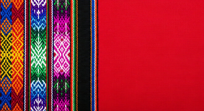 Traditional andean textile with geometric patterns on red fabric geometric tradition colorful textiles handicraft background peruvian material ornament