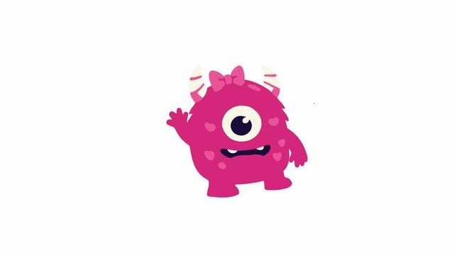 Adorable pink cyclops monster waving its hand happily