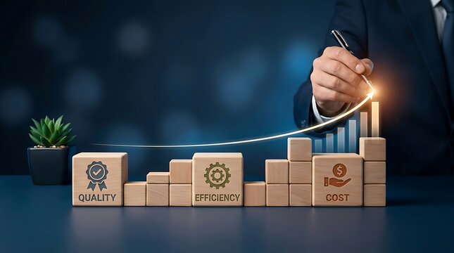 Businessman's hand draws an upward growth arrow over wooden blocks representing quality, efficiency, and cost reduction for business success.