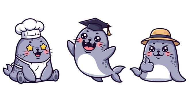 Cartoon Seals in Different Costumes and Hats.