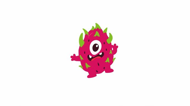 Animated little dragon fruit monster jumping and waving arms