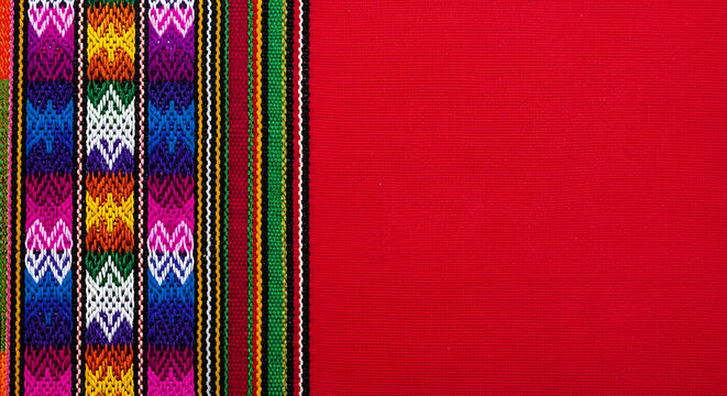 Multicolored woven pattern on red traditional textile with geometric colorful tradition background handicraft peruvian material ornament