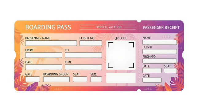 Tropical boarding pass template, airline ticket with palm leaves, summer vacation travel document