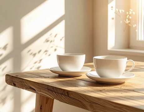 Morning Coffee Cups on Rustic Wooden Table with Soft Natural Light