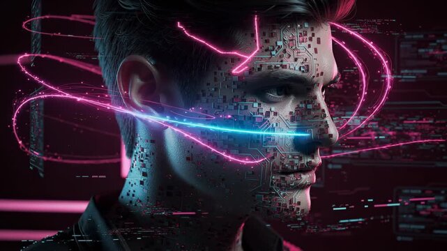 Futuristic cybernetic human face with glowing neon circuits and digital technology elements