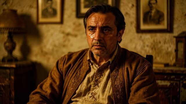 Emotional middle-aged man in vintage room with warm lighting and rustic decor reflecting deep thought