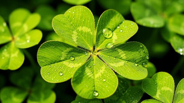 Close up of fresh green four leaf clover with water droplets in nature background