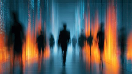 Naklejka premium Wide-angle shot of a group of blurred business people walking through a transparent hallway that projects vertical columns of real-time global stock and connectivity data. Dynamic and modern