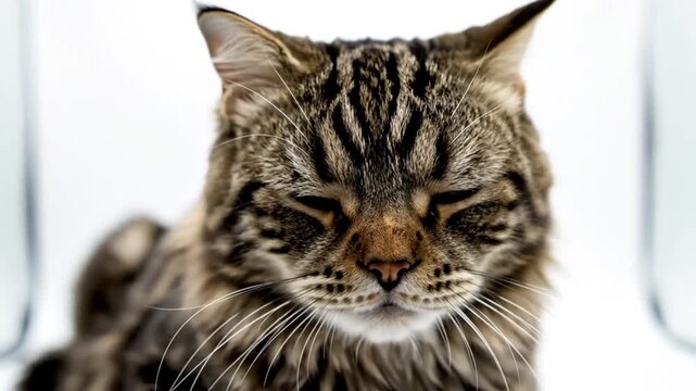 Close up view of a domestic cat with green eyes meowing and making sounds against a white background