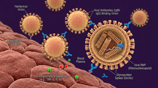 Hantavirus virions in blood plasma approaching endothelial wall