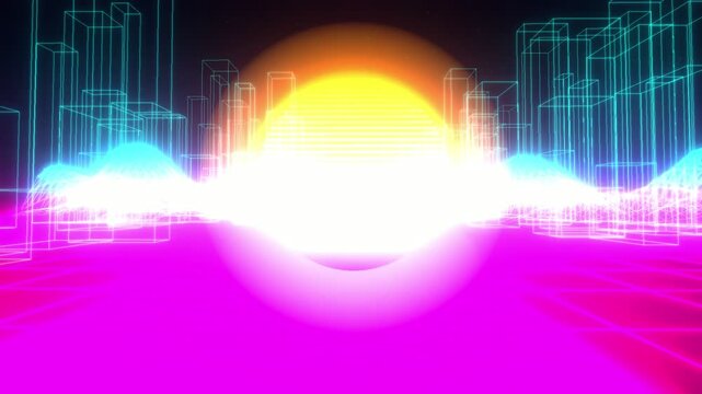 Abstract Cyberpunk Synthwave Wireframe City Background