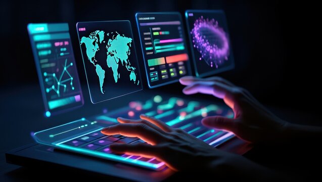 Futuristic data analysis with glowing digital interfaces showcasing global maps, charts, and network visuals on multiple screens