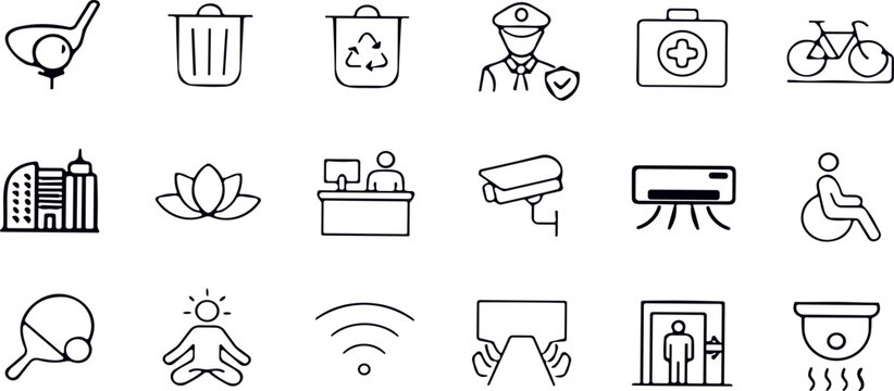 Hotel Amenities and Guest Services Line Icon Set for Hospitality Building Facility Navigation and Accommodation Apps