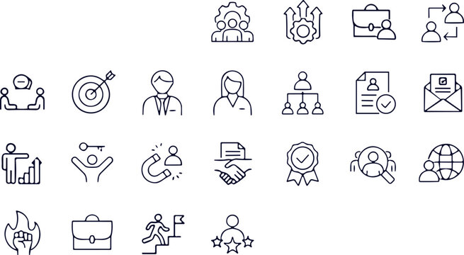 Human Resources and Corporate Recruitment Line Icon Set for Career Development Employee Management and Talents Search