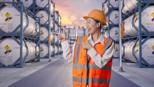 Asian Female Engineer With Safety Helmet Smiling And Pointing To Side While Standing at Industrial Chemical Tank Container Storage Facility